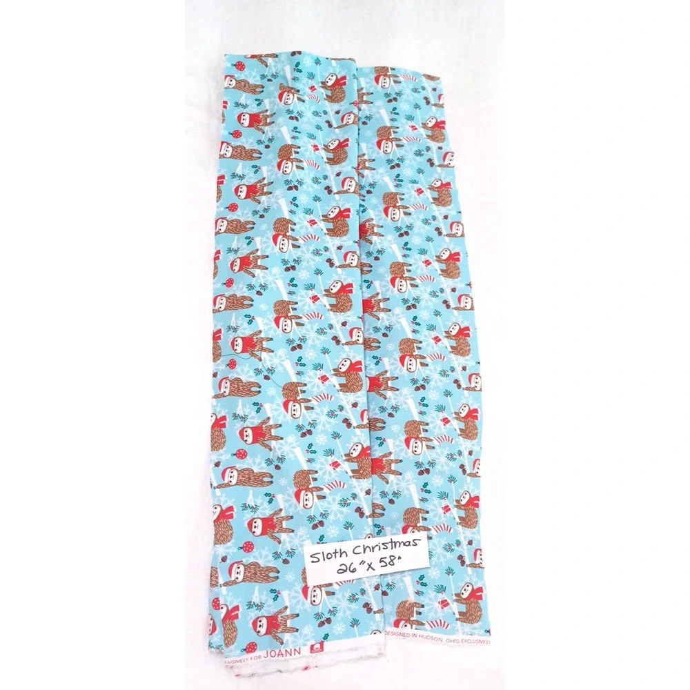 Jo-Ann Sloth Christmas Doodles Blue Red Knit Stretch Fabric 1 Pc 26x58